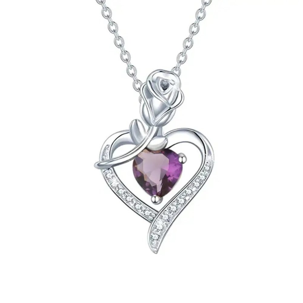 New Rose & Heart Shape Inlaid Shiny Zircon Elegant February Birthstone Necklace